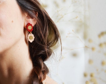 Boho chic earrings, Dangle Flower Earrings, Nude and Red Earrings, Floral Earrings, Graphic Flowers