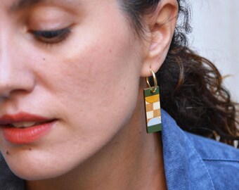 Reversible Geometric Earrings, Lightweight Wooden Hoops, Modern and Playful Jewelry