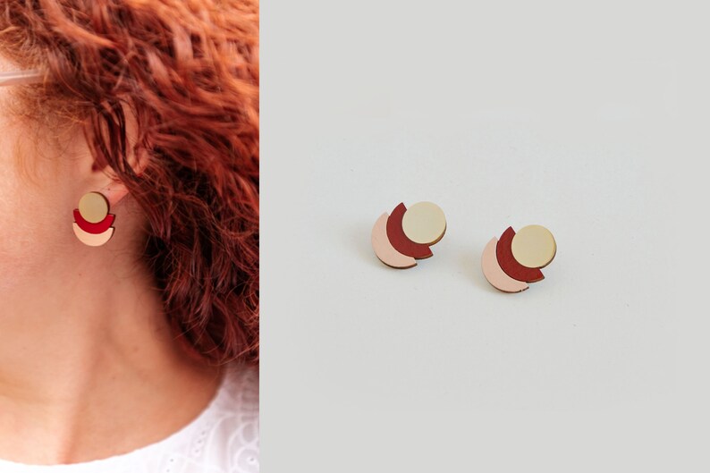 Burgundy modern earrings, Blush Pink earrings, Modern studs, Geometric stud earrings, Geometric studs, Modern, Art deco earrings 画像 3