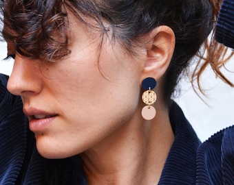 Navy and Nude Drop Earrings, Geometric Pattern Earrings, Lightweight Wooden Jewelry, Earrings