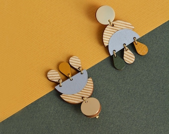 Bold Statement Earrings, Handcrafted Wooden Earrings, Geometric Lightweight Dangle Earrings