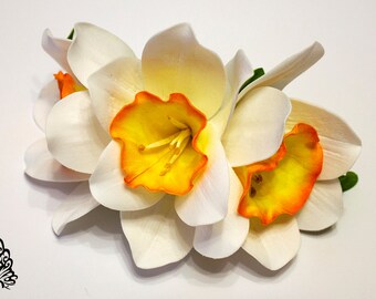 4" Yellow Orange Daffodil Silk Flower Hair Clip Pin Up,Hat,Rockabilly 