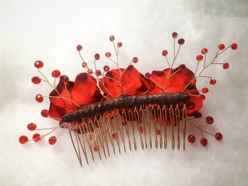 Flower Comb Photoshoot Hair Comb Wedding Floral Headpiece Red Bridesmaid Hair Comb Birthday Floral Gift Red Flower Crystals Hair Comb