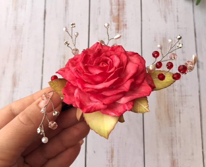 Red Rose Hair Clip Hair Accessory Flower Hairclip Bridal Hair Etsy