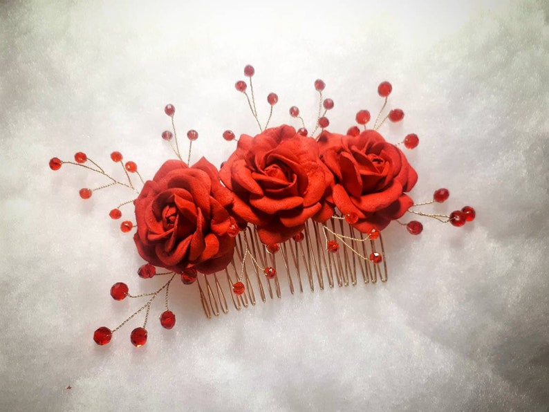Flower Comb Photoshoot Hair Comb Wedding Floral Headpiece Red Bridesmaid Hair Comb Birthday Floral Gift Red Flower Crystals Hair Comb