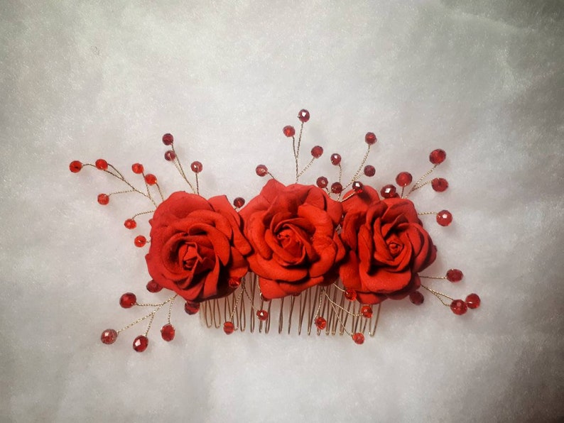 Flower Comb Photoshoot Hair Comb Wedding Floral Headpiece Red Bridesmaid Hair Comb Birthday Floral Gift Red Flower Crystals Hair Comb