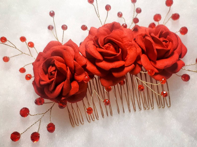 Flower Comb Photoshoot Hair Comb Wedding Floral Headpiece Red Bridesmaid Hair Comb Birthday Floral Gift Red Flower Crystals Hair Comb