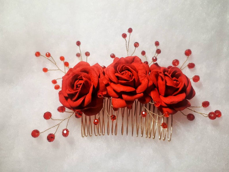 Flower Comb Photoshoot Hair Comb Wedding Floral Headpiece Red Bridesmaid Hair Comb Birthday Floral Gift Red Flower Crystals Hair Comb