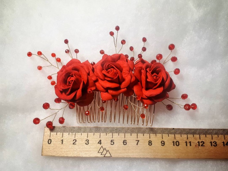 Flower Comb Photoshoot Hair Comb Wedding Floral Headpiece Red Bridesmaid Hair Comb Birthday Floral Gift Red Flower Crystals Hair Comb