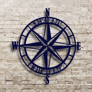 Nautical Compass Rose Metal Wall Art with GPS Coordinates image 1