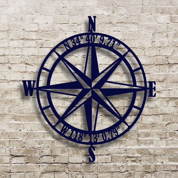 Nautical Compass Rose Metal Wall Art with GPS Coordinates