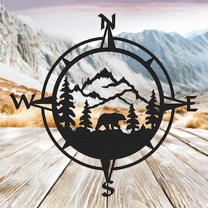 Outdoor Themed Compass Metal Art with Bear