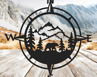 Outdoor Themed Compass Metal Art with Bear