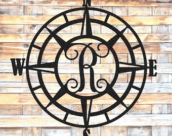 Nautical Compass Rose Metal Wall Art with Monogram Letter