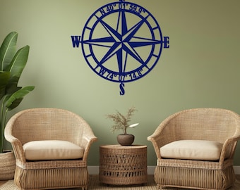 Nautical Compass Rose Metal Wall Art with GPS Coordinates