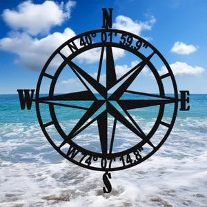 Nautical Compass Rose Metal Wall Art with GPS Coordinates