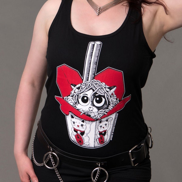 Damen Tank Top: Lucky Cat - Gothic Kleidung, Schwarzes Tank Top, Maneki Neko, Siebdruck Katze, Kawaii Mode, Creep Cute Tank Top für Frauen