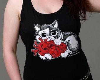 Dames Tank Top: Big Heart Cat - Gotische kleding voor vrouwen, anatomisch hart, zwarte tank top, gezeefdrukte top, griezelige schattige Kawaii mode