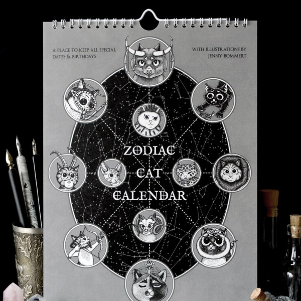 Cat Calendar with Zodiac Signs - Perpetual Calendar, Wall Calendar For Anniversaries & Birthdays, Zodiac Calendar, Zodiac Cat, Astrology