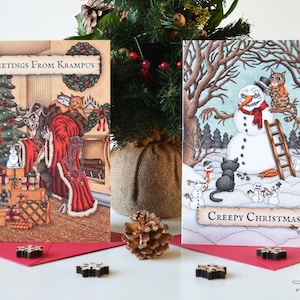 Creepy Christmas Card Set of 6 with Krampus & Evil Snowmans Gothic Xmas, Spooky Folklore, Creepy Cute Cat Card, Yule Card, Krampusnacht image 1