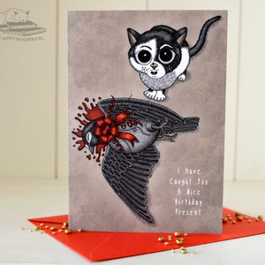 Carte d'anniversaire chat avec cadeau spécial Beebiepoes - pigeon mort, carte d'anniversaire gothique, cadeau macabre, carte d'humour noir, effrayant mignon, kawaii