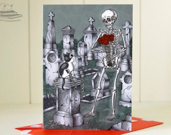 Gothic Thank You Card with Cat Beebie & Skeleton - Flowers For You, Spooky Old Cemetery, Dark Romantic, Gothic Valentine Card, Halloween