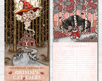 Cat Tales Calendar - Birthday Calendar, Perpetual Calendar, Fairy Wall Calendar, Cat Lovers Gift, Dark Tales, Grimm Brothers, Fantasy Deco