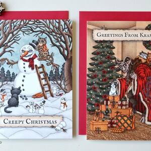 Creepy Christmas Card Set of 6 with Krampus & Evil Snowmans Gothic Xmas, Spooky Folklore, Creepy Cute Cat Card, Yule Card, Krampusnacht image 2