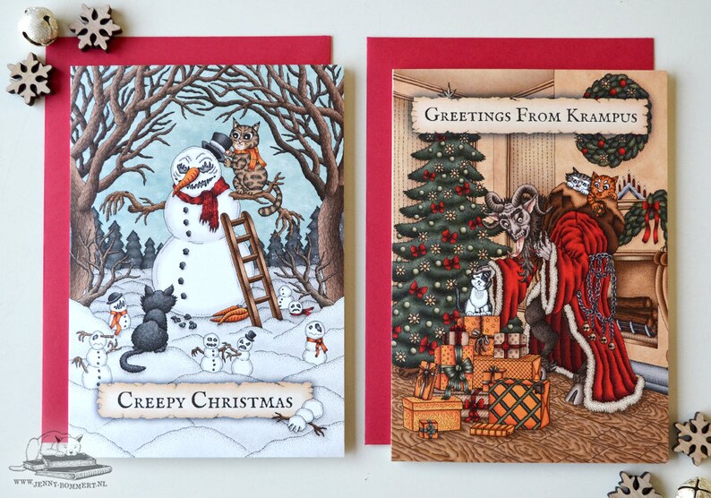 Creepy Christmas Card Set of 6 with Krampus & Evil Snowmans Gothic Xmas, Spooky Folklore, Creepy Cute Cat Card, Yule Card, Krampusnacht image 2