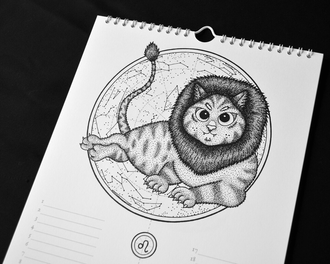 Cat Calendar with Zodiac Signs Perpetual Calendar Wall Etsy