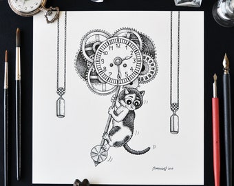 CATching Clockwork  - Original Art, Steampunk Cat, Time Travel, Gears Drawing, Gothic Home Decor, Feline Illustration, Creepy Cute, Pendulum