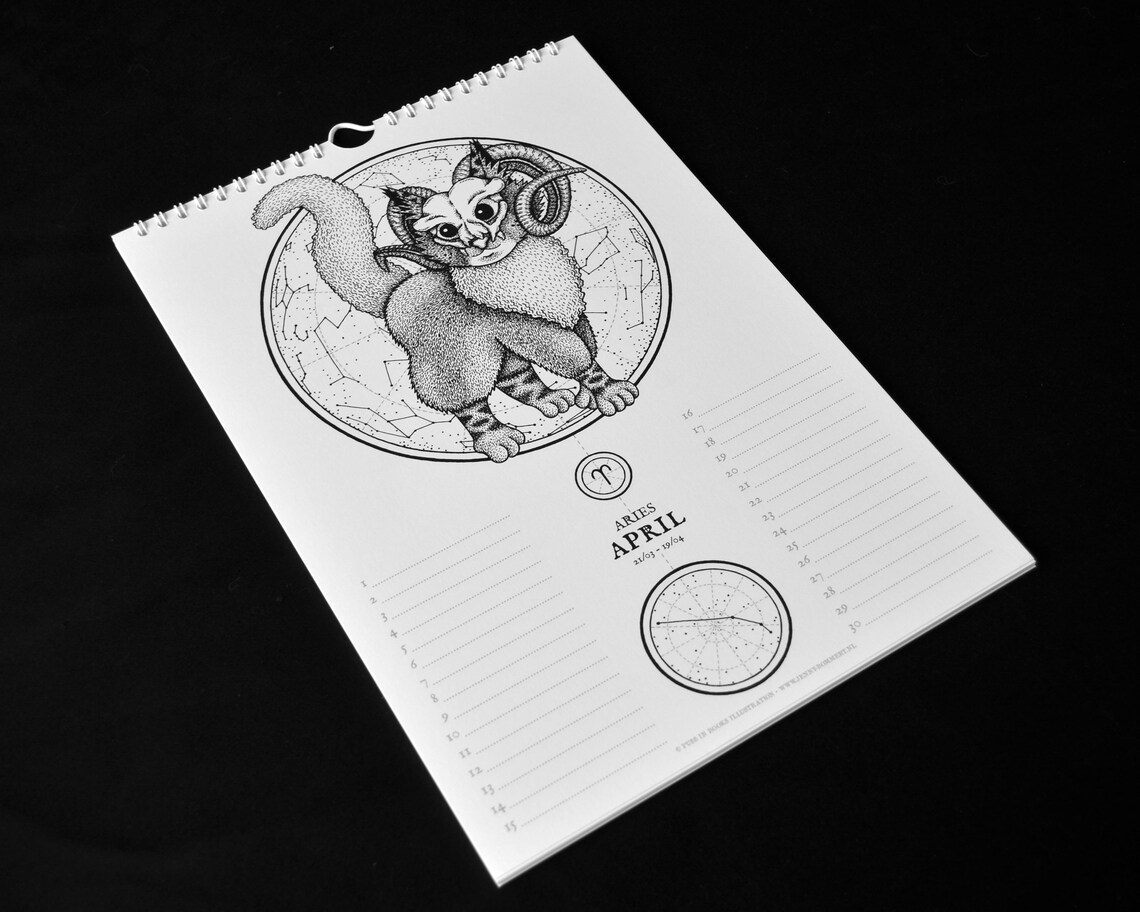 Cat Calendar with Zodiac Signs Perpetual Calendar Wall Etsy