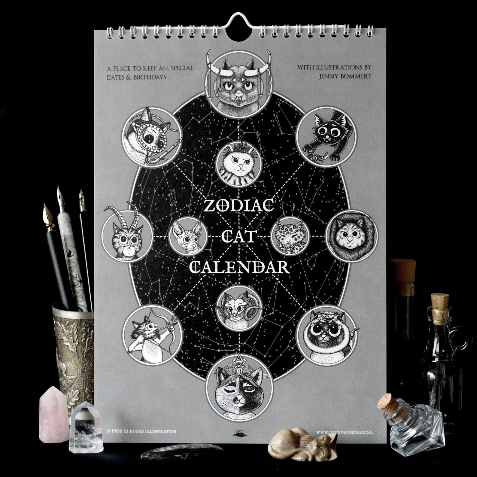 Cat Calendar With Zodiac Signs Perpetual Calendar Wall Etsy