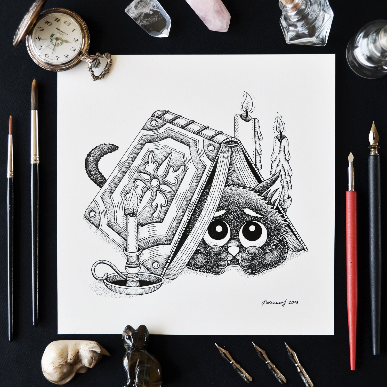 Puss In Books Original Art Black Cat Drawing Book Reader Etsy