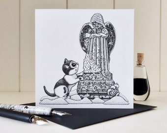 Gothic Cat Greeting Card - Graveyard Angel, Mourning Card, Sympathy Card, Thinking of you card, Pet Cat Loss Card, Miss You, Cemetry Card