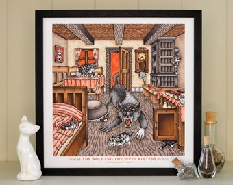 Wolf And The Seven Kittens Art Print - Fairy Tale Illustration, Wolf Art, Old Cottage, Rustic Farm House, Grimm Brothers, Cute Nursery Decor