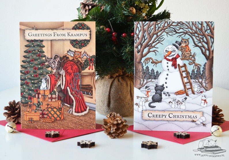 Creepy Christmas Card Set of 6 with Krampus & Evil Snowmans Gothic Xmas, Spooky Folklore, Creepy Cute Cat Card, Yule Card, Krampusnacht image 1