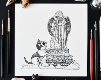 Mourning At The Grave - Original Art, Tombstone, Cemetry Angel, Grief Cat Drawing, Bereavement, Gothic Home Decor, Feline Illustration