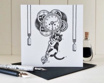 Gothic Cat Greeting Card - Clockwork, Steampunk Card, Time Travel Card, Sympathy Card, Thinking of you card, Pet Loss Card, Pendulum, Gears