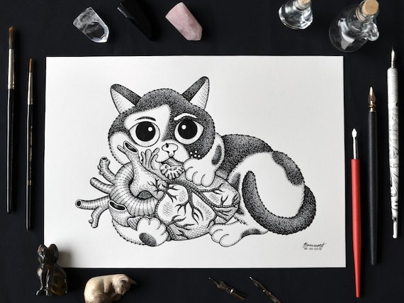 Petit Chat Grand Coeur Dessin Art Coeur Humain Anatomique Etsy