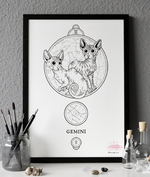 Signe De Zodiaque Gemeaux Dessin Art Original Chat Sphynx Etsy