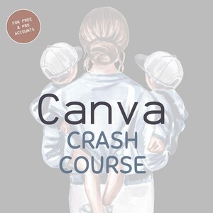 Könnte beinhalten: Aquarell-Illustration einer Person, die zwei Kinder hält, mit dem Text "Canva CRASH COURSE". Das Bild enthält auch den Text "Become a Canva pro with ease!" und "FOR FREE & PRO ACCOUNTS."