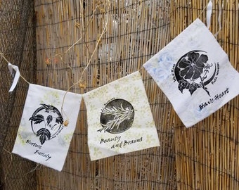 Botanical Print Prayer Flag set of three flags. Vintage floral fabrics. Hand cut block prints of motherwort, rose and rosemary. Mothers Day