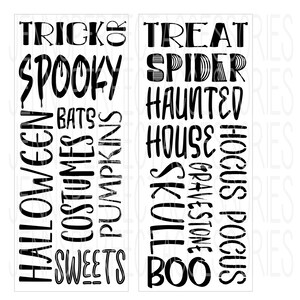 May include: Two vertical rectangular designs with black text on a white background. The left design features Halloween-themed words like "Spooky," "Costumes," and "Sweets." The right design includes "Spider," "Haunted House," and "Hocus Pocus."