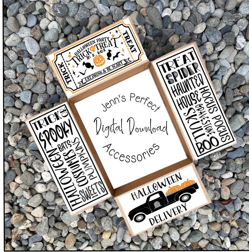 May include: A Halloween-themed box with various text elements and graphics. The box includes phrases like "Trick or Treat," "Halloween Party," and "Halloween Delivery." The design features pumpkins, bats, and a black truck.