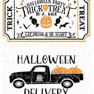 May include: A Halloween-themed design featuring a ticket and a truck. The ticket reads "Halloween Party Trick or Treat in a Box" with a pumpkin and bats. The truck, labeled "Halloween Delivery," carries pumpkins.