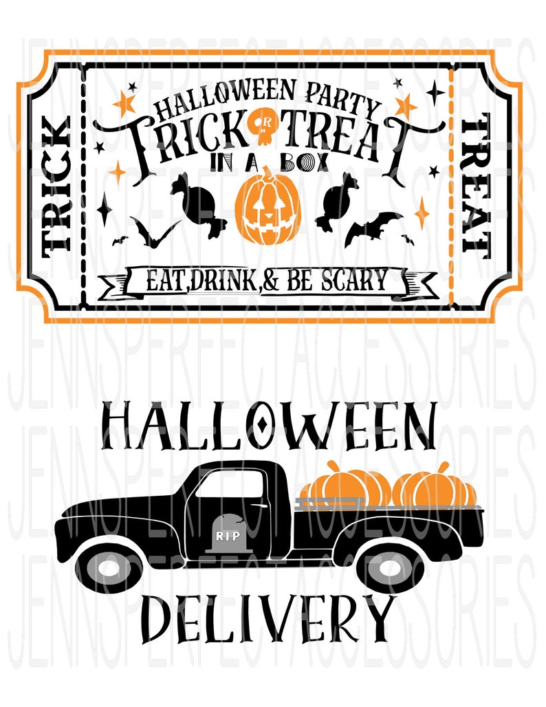 May include: A Halloween-themed design featuring a ticket and a truck. The ticket reads "Halloween Party Trick or Treat in a Box" with a pumpkin and bats. The truck, labeled "Halloween Delivery," carries pumpkins.