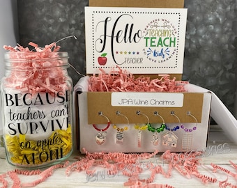 Thank You Teacher Gift Box, Teacher Appreciation Gift, Mason Jar Mugs, Wine Charms, Teachers Love, End of the Year Teacher Gift