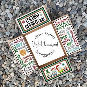 Può includere: Una scatola per download digitale a tema natalizio con testo come "Buon Natale", "Regali" e "Inverno". La scatola presenta gnomi e fiocchi di neve, con un interno bianco e un esterno marrone. È visibile anche il testo "Jenn's Perfect Digital Download Accessories".
