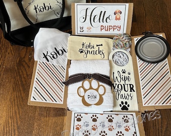 New Puppy Essential Kit, Dog Gift Box Personalized Basket, Hello Pupppy, Dog Travel Kit, Dog Gift Box,Personalozed Bundle of Pet Items